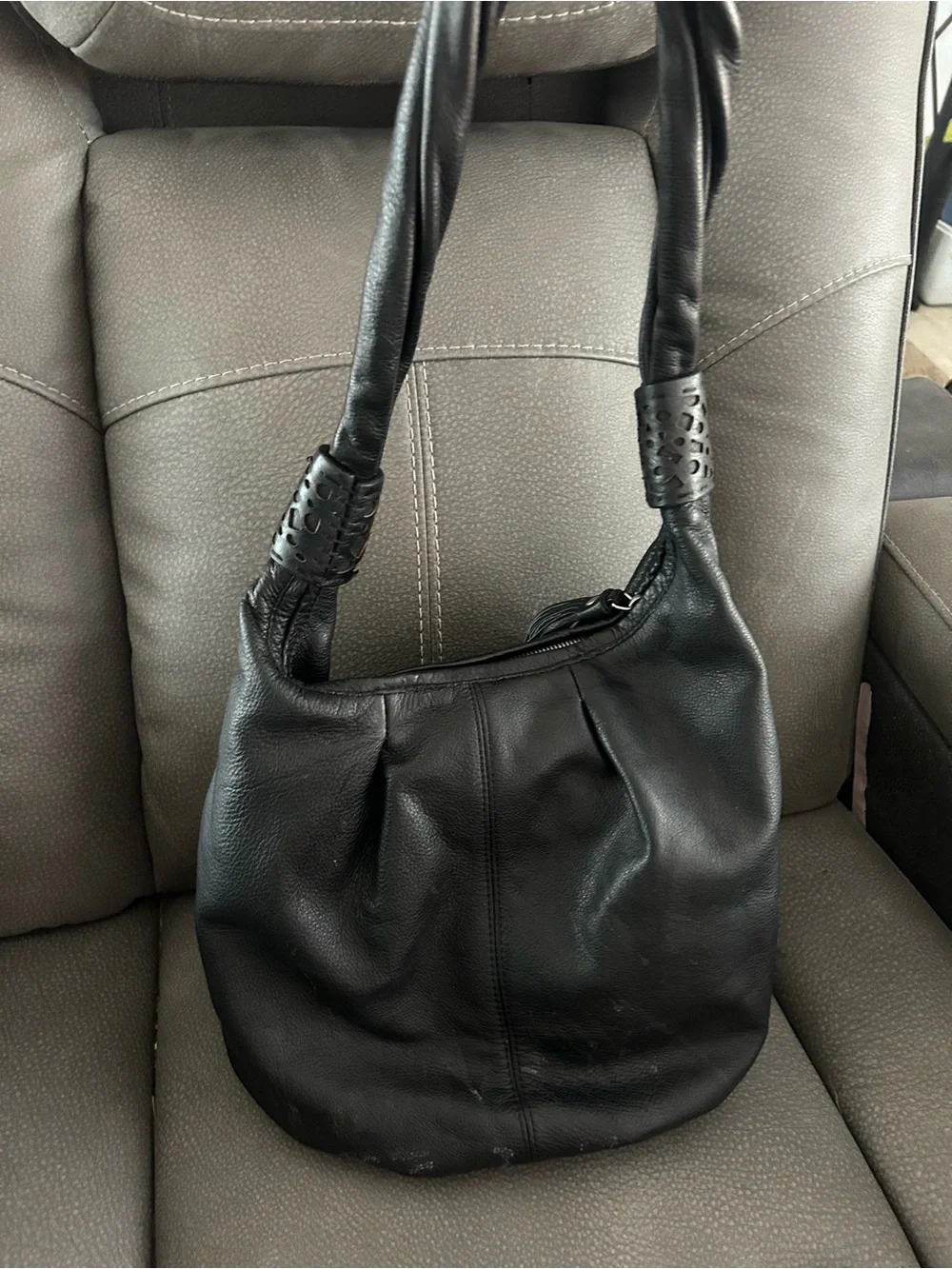 Coldwater Creek Black Leather Hobo with Tassel and Cutout Strap Accents